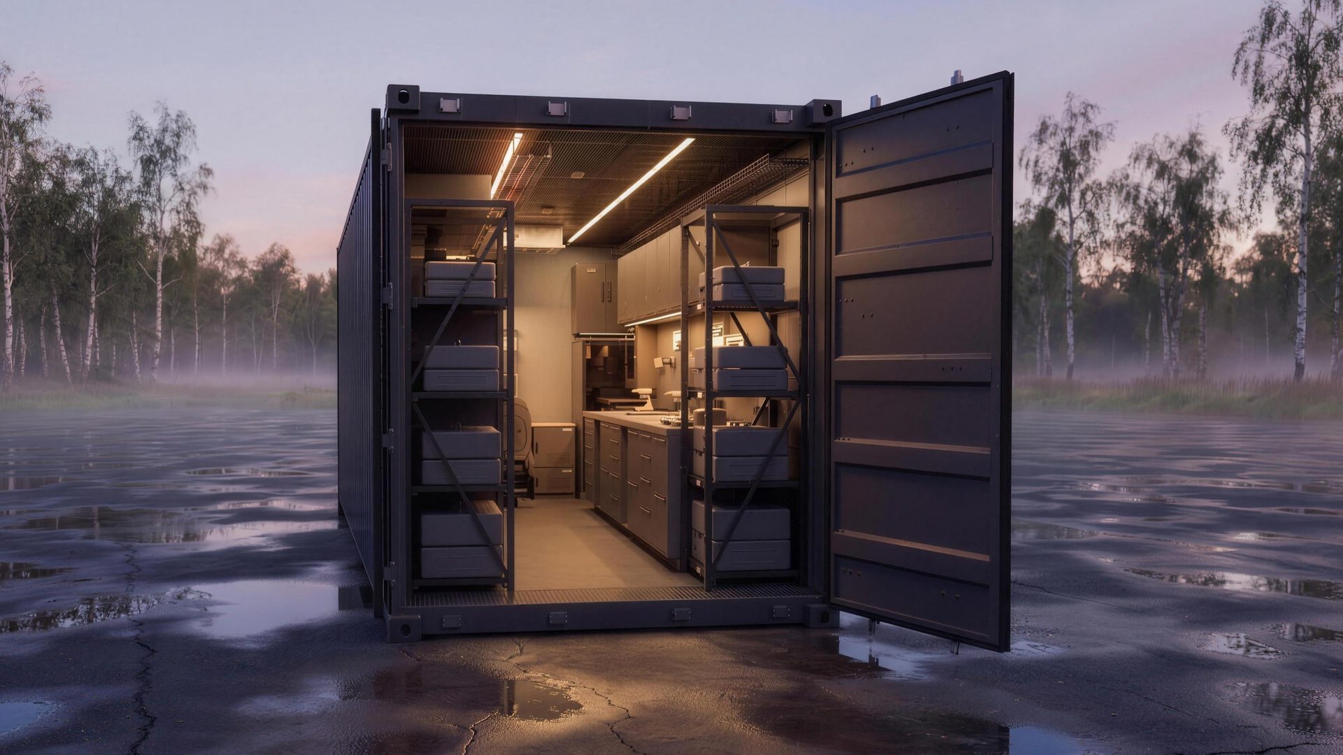 Tactical Container at dusk, doors open, lit workshop with shelves and workbenches inside.