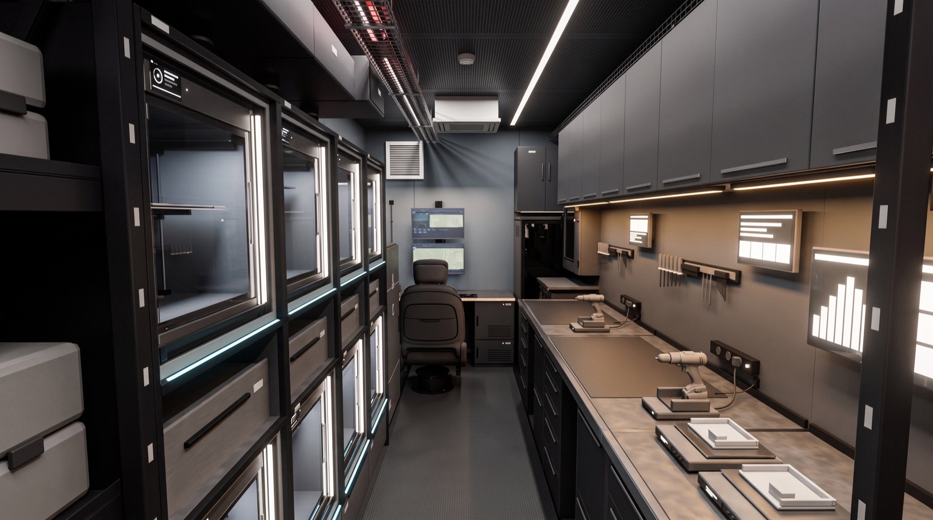 Inside the container: a two-tier wall of lit 3D printers on the left, workbenches on the right, the control desk at the far end.