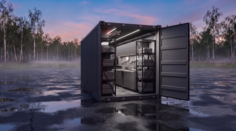 Tactical Container in der Dämmerung neben einem Birkenwäldchen, Türen geöffnet, im Inneren eine beleuchtete Werkstatt.