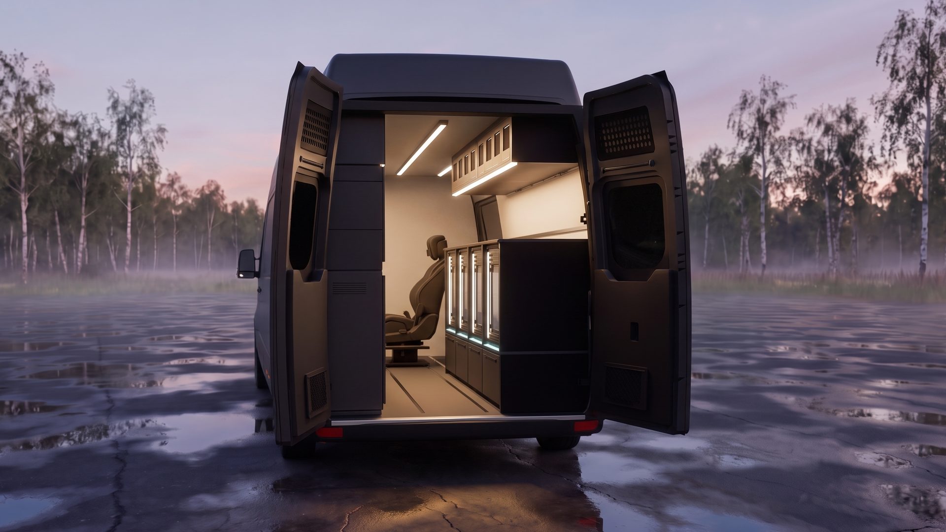 Tactical Van at dusk by a birch wood, both rear doors open; inside, a row of lit 3D printers and an operator seat.