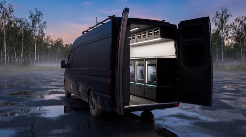Tactical Van von hinten links in der Dämmerung, beide Hecktüren geöffnet, im Inneren eine Reihe beleuchteter 3D-Drucker.
