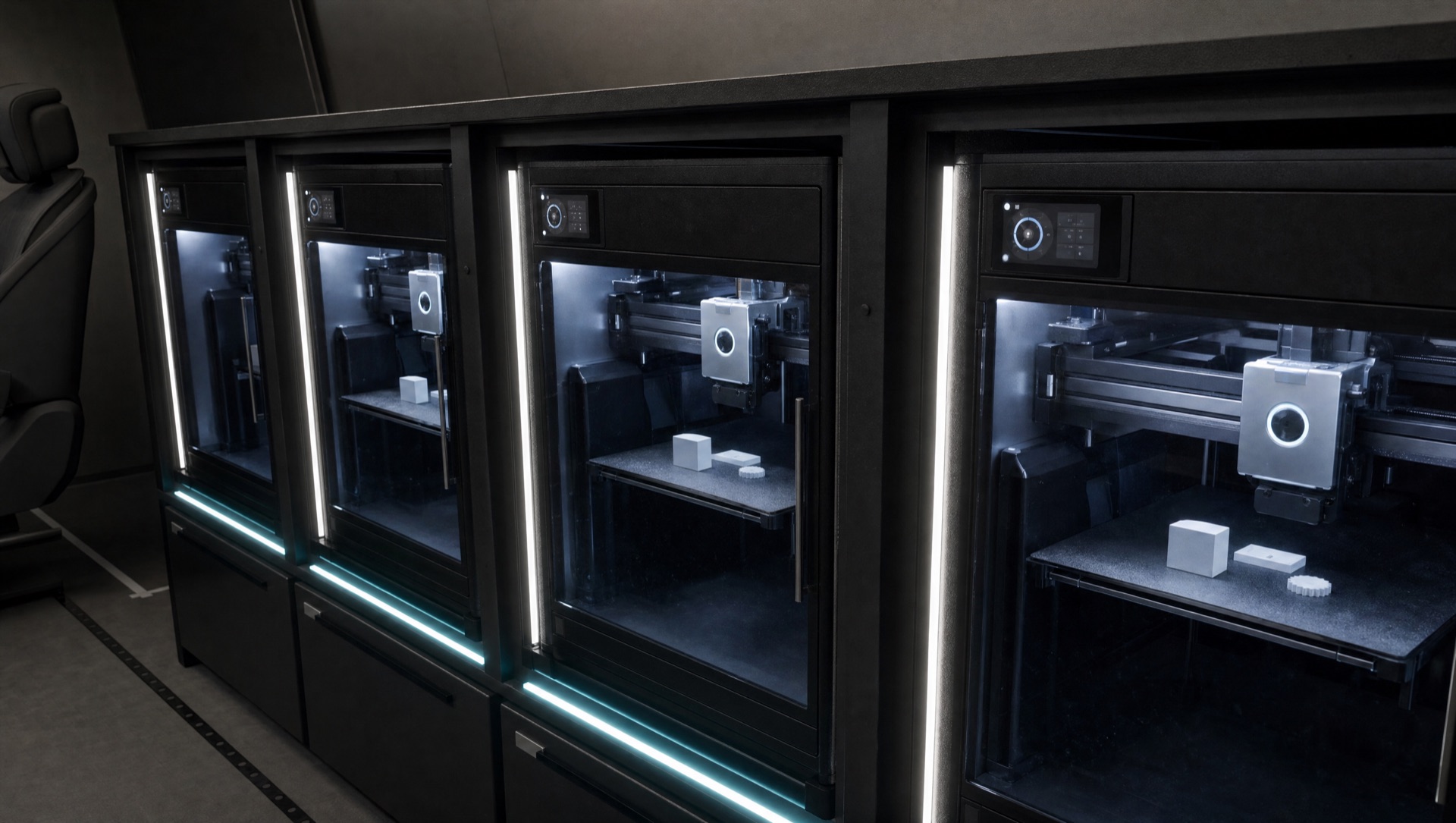 Four enclosed 3D printers in lit niches along the van wall, printing small parts.